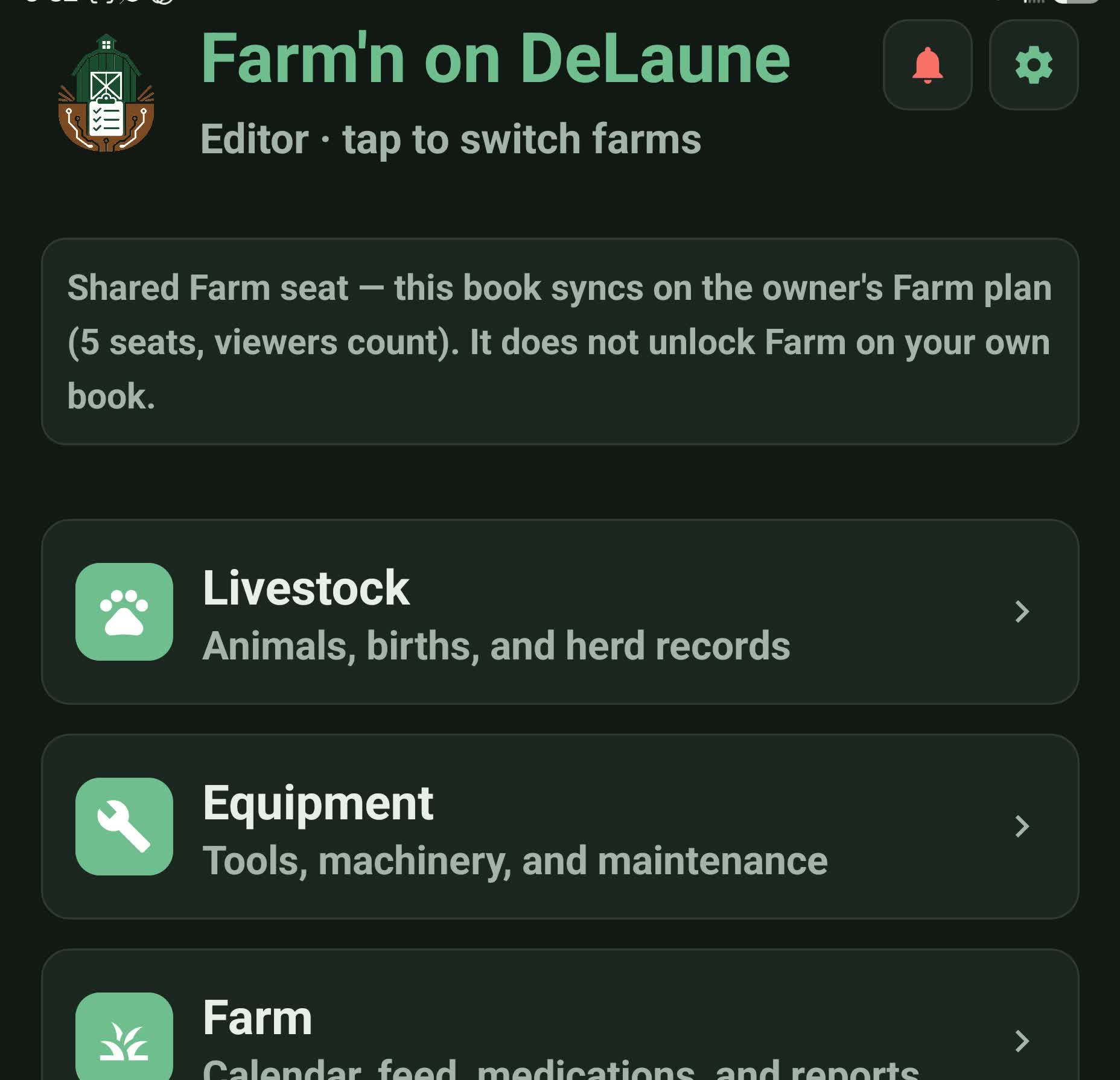 RanchLog home screen with Livestock, Equipment, and Farm on a shared farm.