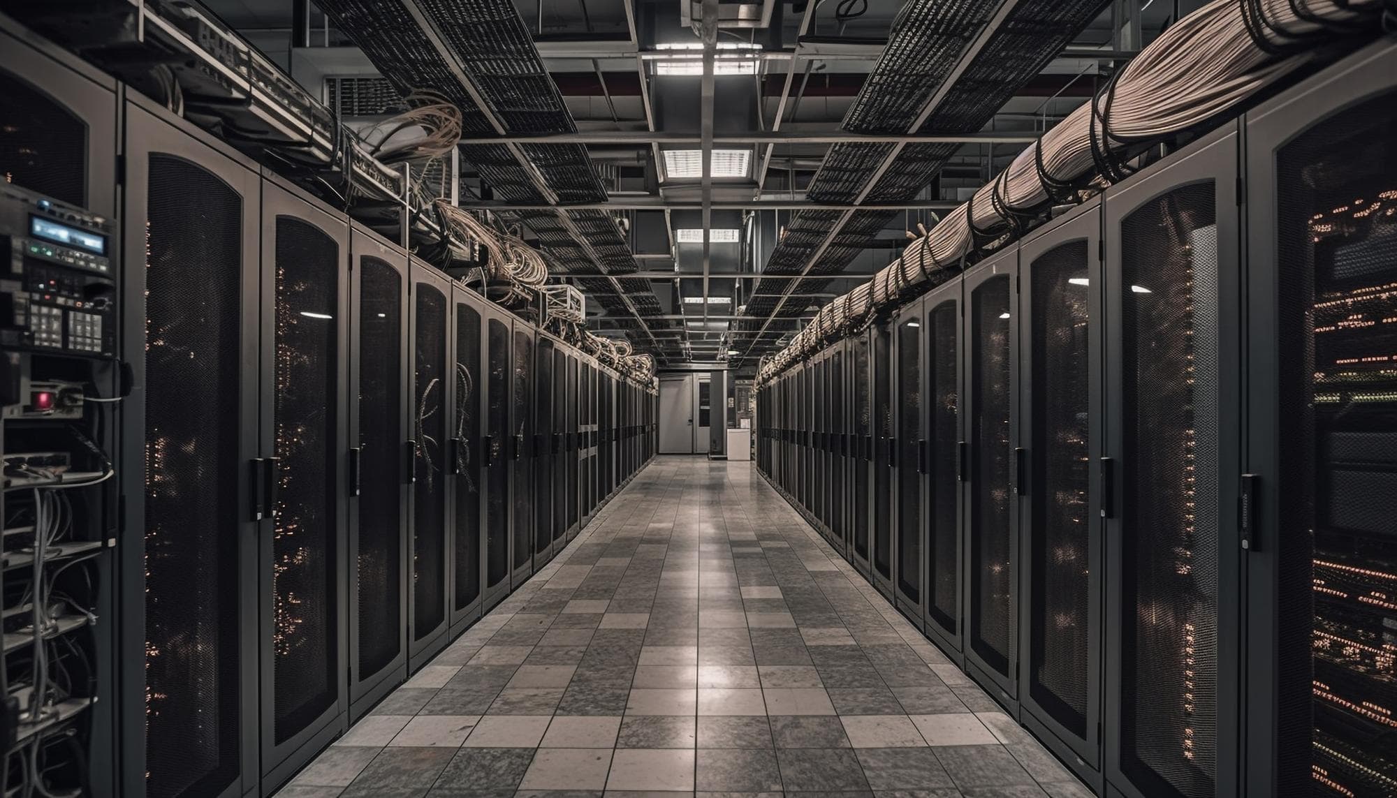 A long hallway of servers in a data center dedicated to database administration.