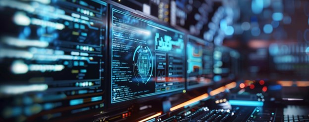 PelicanSoft - Multiple computer screens displaying advanced data analytics and network diagrams through custom software development in a high-tech monitoring room.