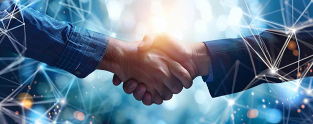 PelicanSoft - Two businesspeople shaking hands against a background of glowing digital network connections in the custom software development industry.