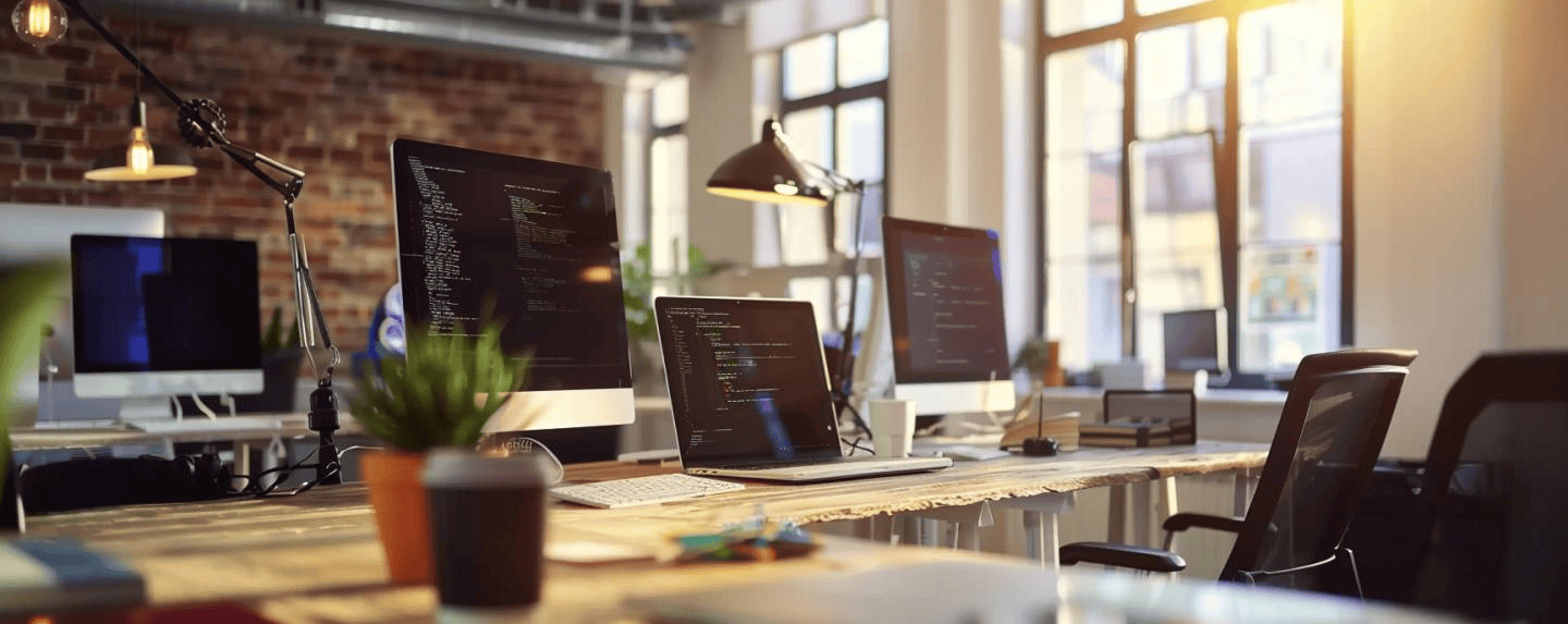 PelicanSoft - A modern office workspace for small businesses, featuring multiple computer monitors displaying programming code, potted plants, and various office supplies, illuminated by natural sunlight through large windows. Perfect for entrepreneurs focused on custom software development.