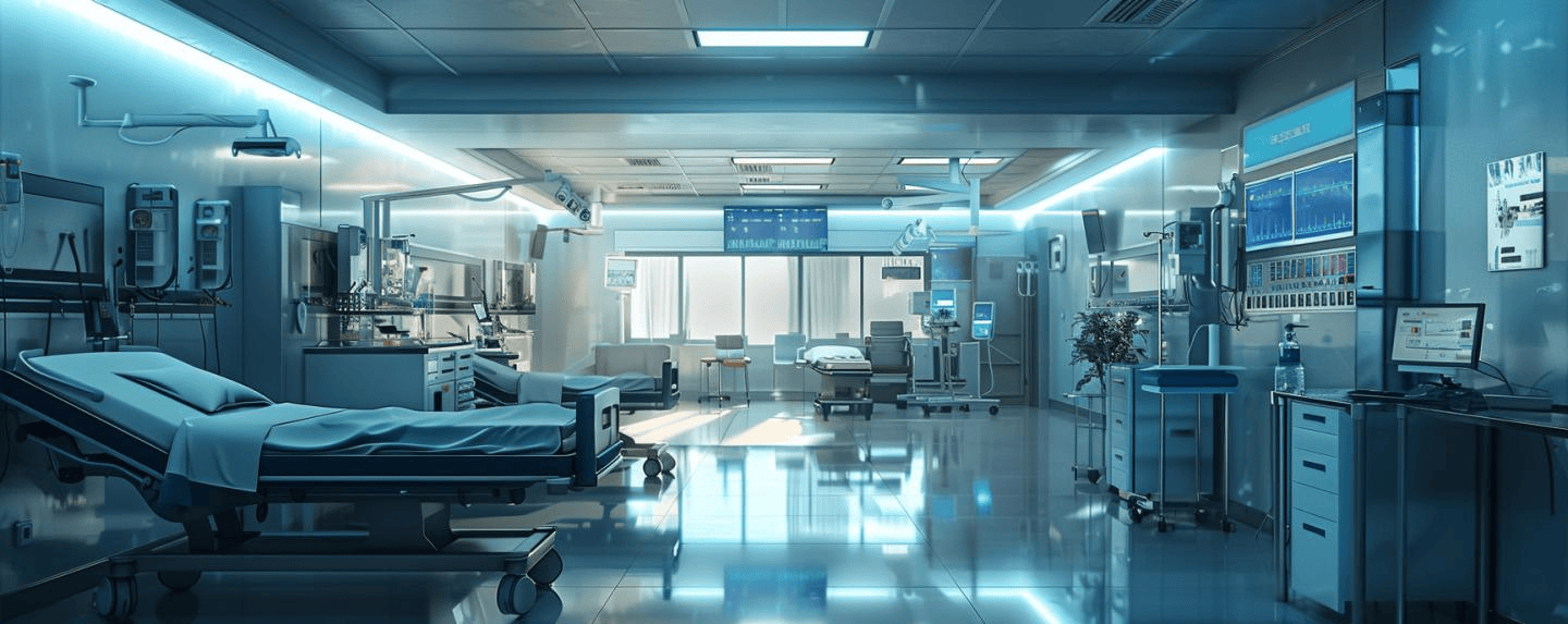 PelicanSoft - A modern hospital room equipped with advanced medical devices and machinery mirrors the meticulous project management seen in business success. Empty beds, monitors, and workstations are visible, contributing to a sterile and clinical environment.