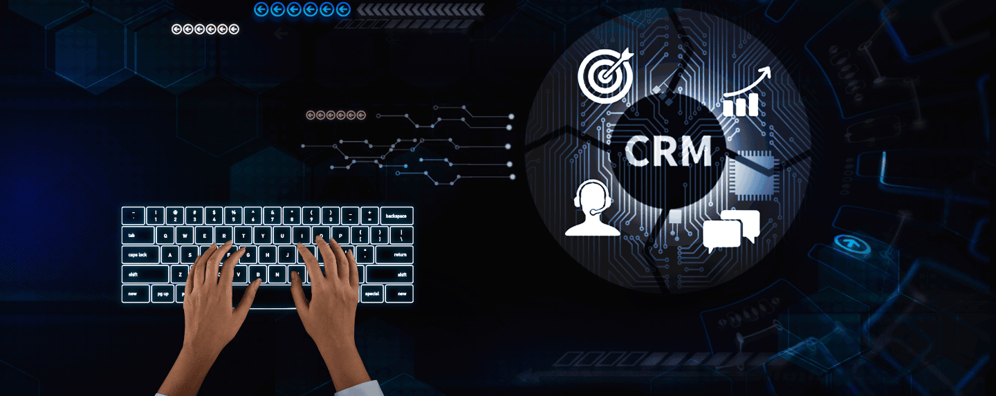 PelicanSoft - Hands typing on an illuminated keyboard with a CRM diagram containing various icons like target, chat, graph, and user symbols on a digital interface background. Transform your business with tailored software solutions designed to streamline operations and enhance customer interactions.